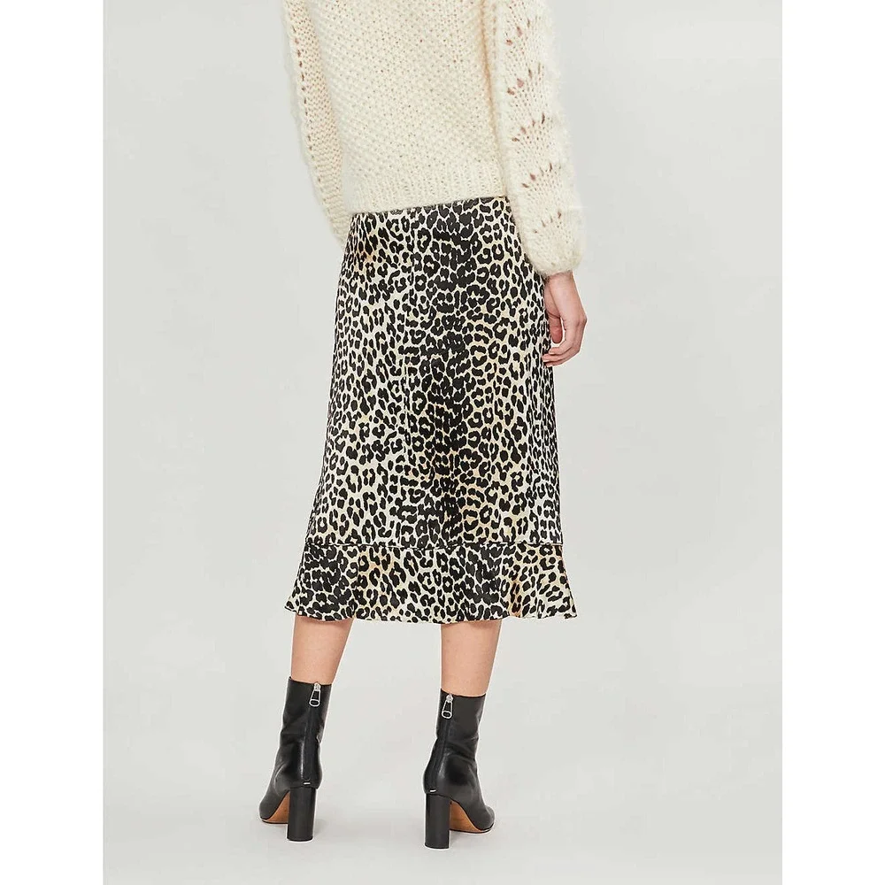 NWT GANNI‎ Leopard Print Satin Midi Skirt Size EU 40/ US 8 $295